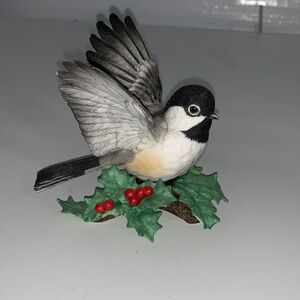 Lenox Black and White Chickadee Porcelain Bird Figurine with Green Leaves